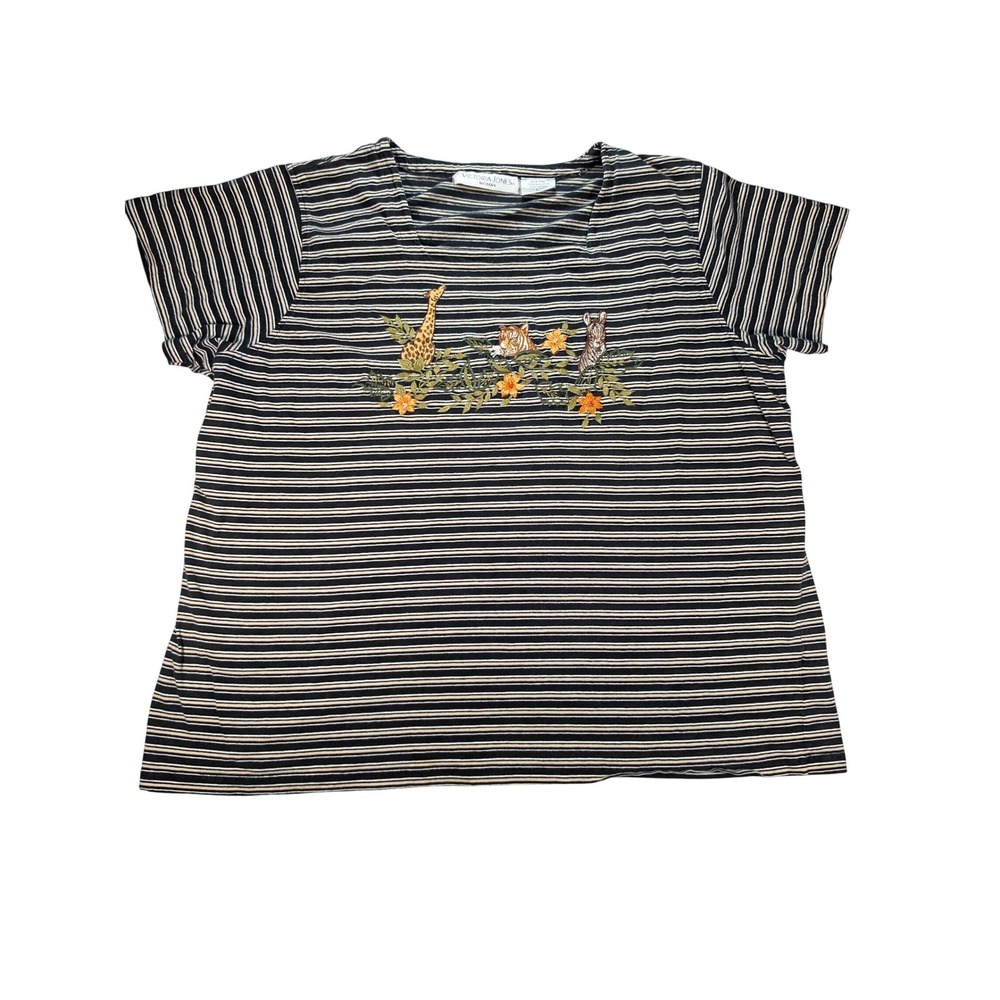Vintage Victoria Jones Woman Safari Embroidered Striped T-Shirt Black 3X